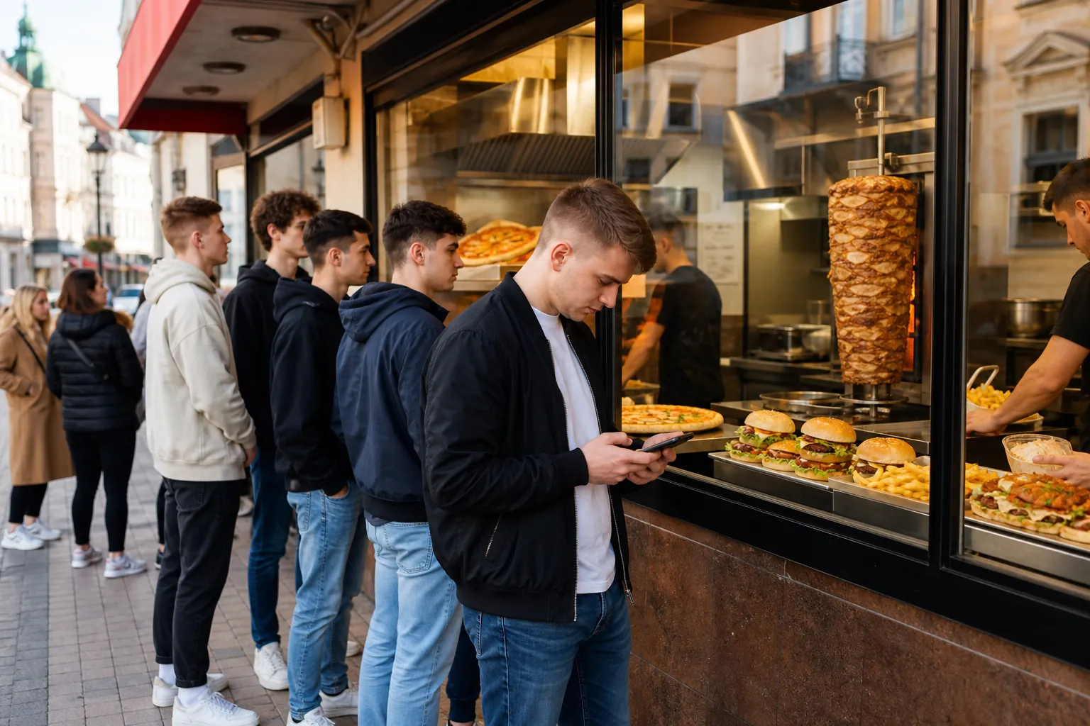 Klient z telefonem wybiera popularny lokal z pizzą, kebabem i burgerami w Lublinie.
