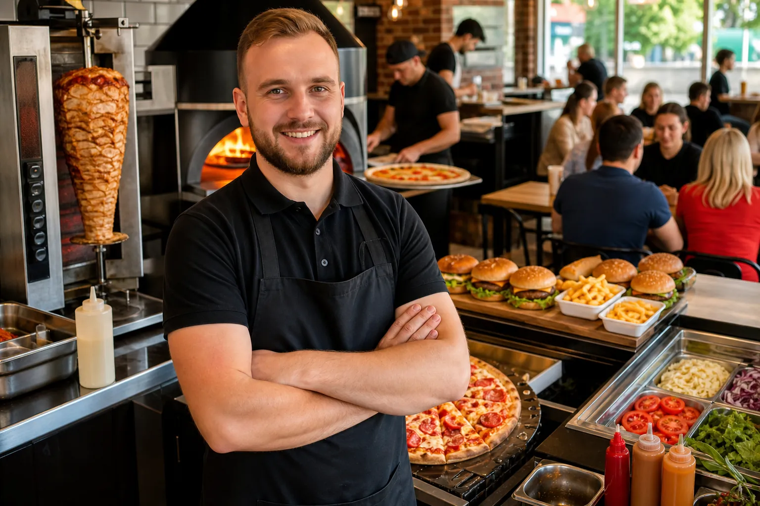 Dumny właściciel w pełnym, odnoszącym sukces lokalu fast food w Lublinie.