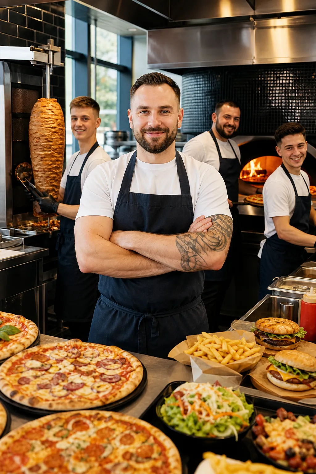Pewny siebie właściciel lokalu z pizzą, kebabem i burgerami w swojej kuchni.