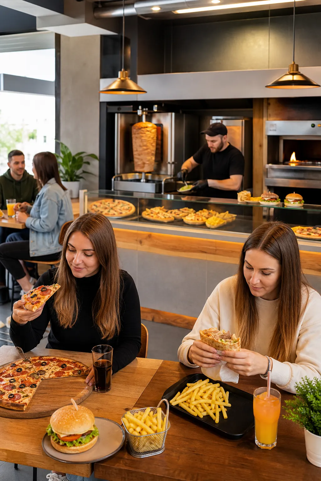 Schludny lokal z pizzą, kebabem i burgerami w spokojniejszej chwili dnia.