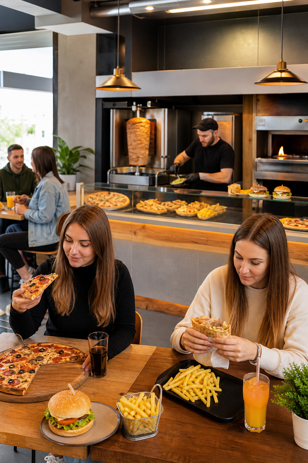 Schludny lokal z pizzą, kebabem i burgerami w spokojniejszej chwili dnia.