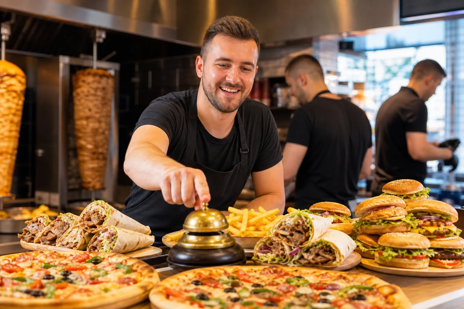 Ruchliwy lokal fast food z symbolem zwycięstwa i wieloma zamówieniami w Lublinie.