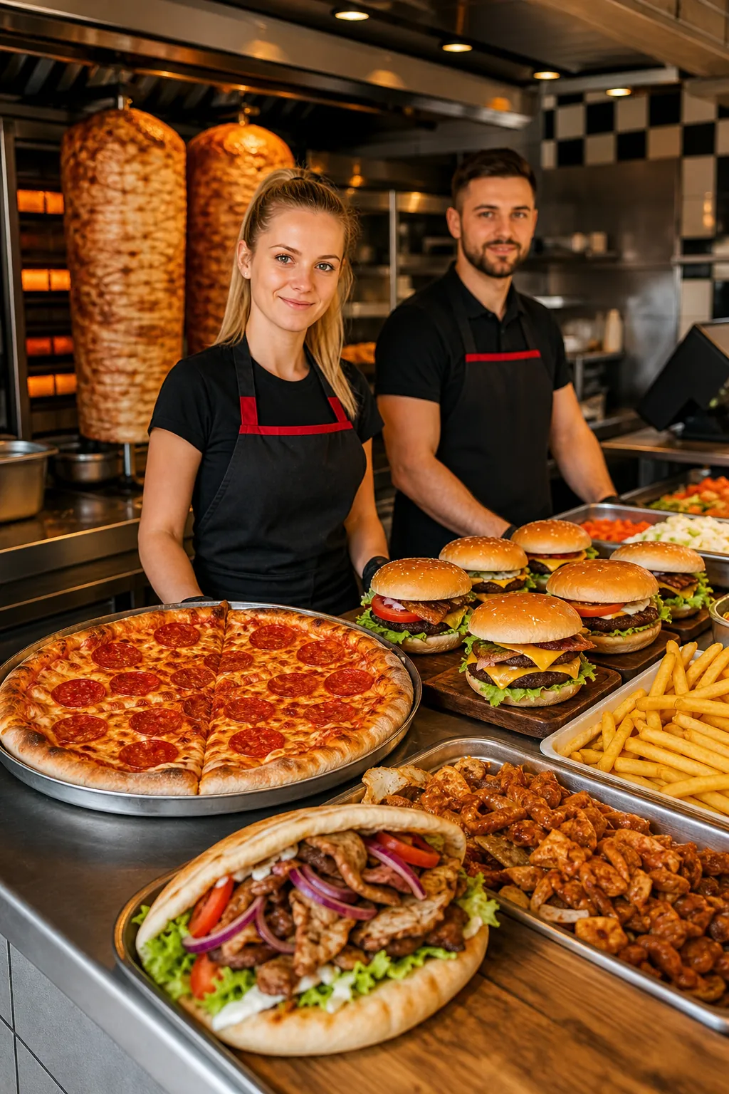 Apetyczna pizza, kebab, burgery i frytki gotowe przyciągnąć klientów.