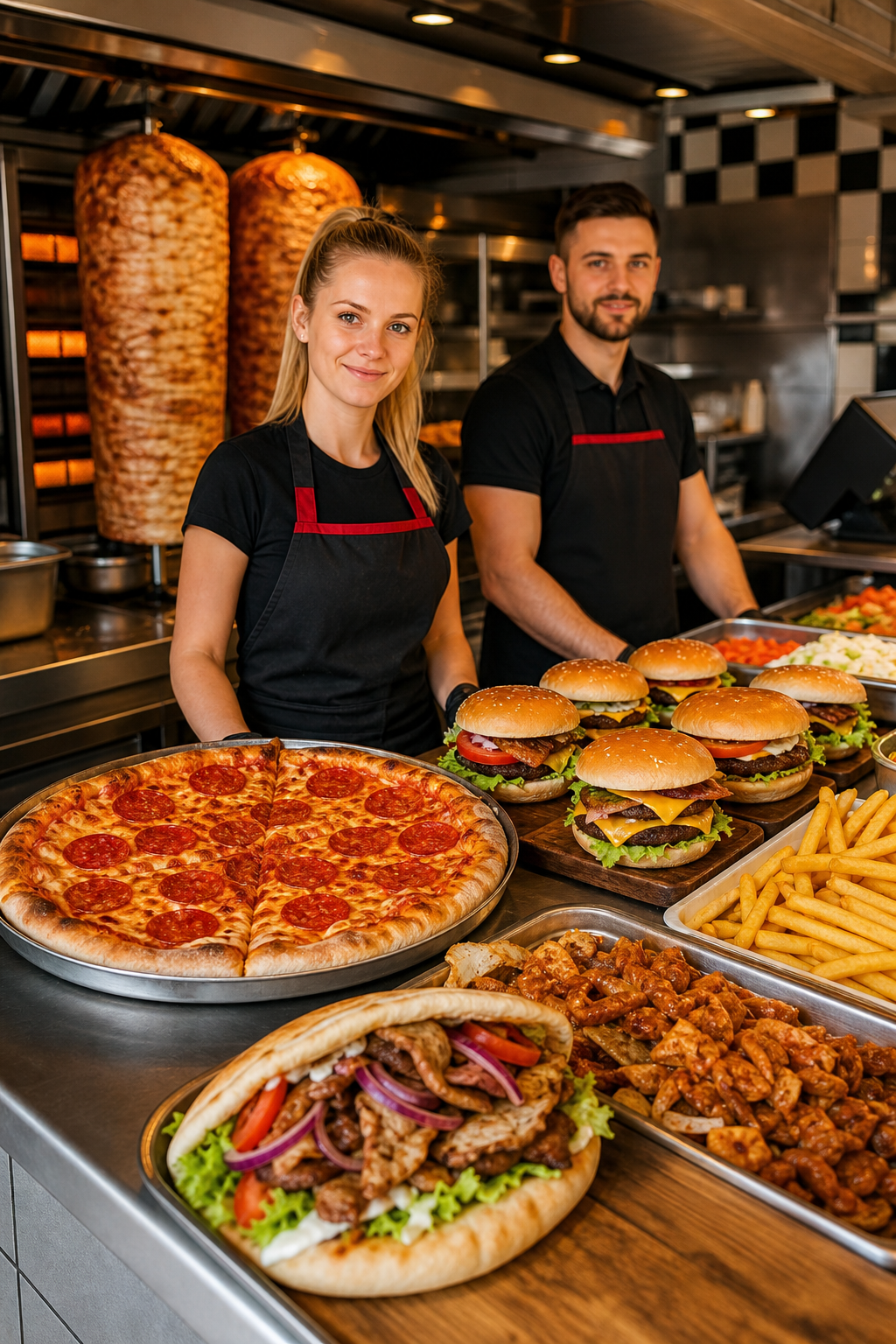 Apetyczna pizza, kebab, burgery i frytki gotowe przyciągnąć klientów.