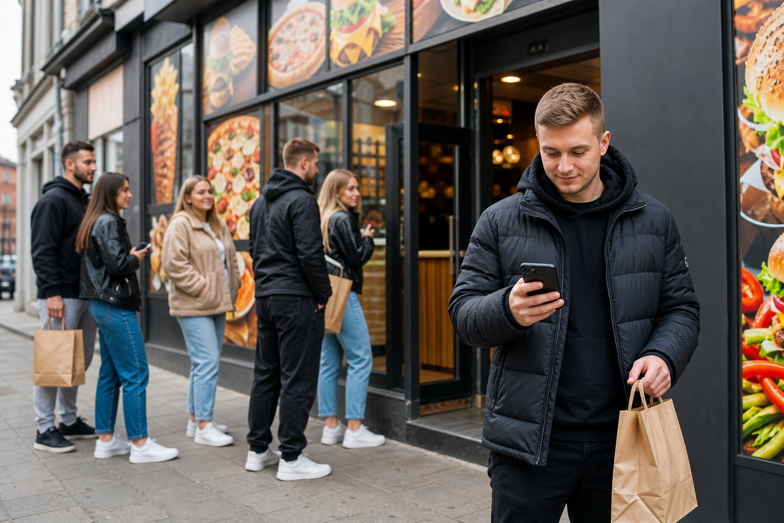 Klient wybiera lokal fast food w Płocku przez telefon, przed wejściem czeka kolejka.