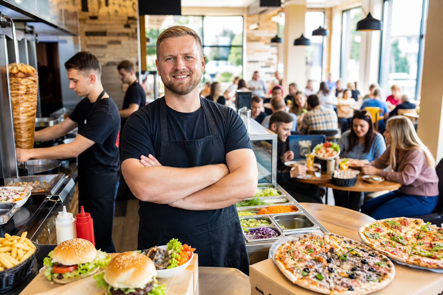 Dumny właściciel w pełnym lokalu z pizzą, kebabem i burgerami w Płocku.