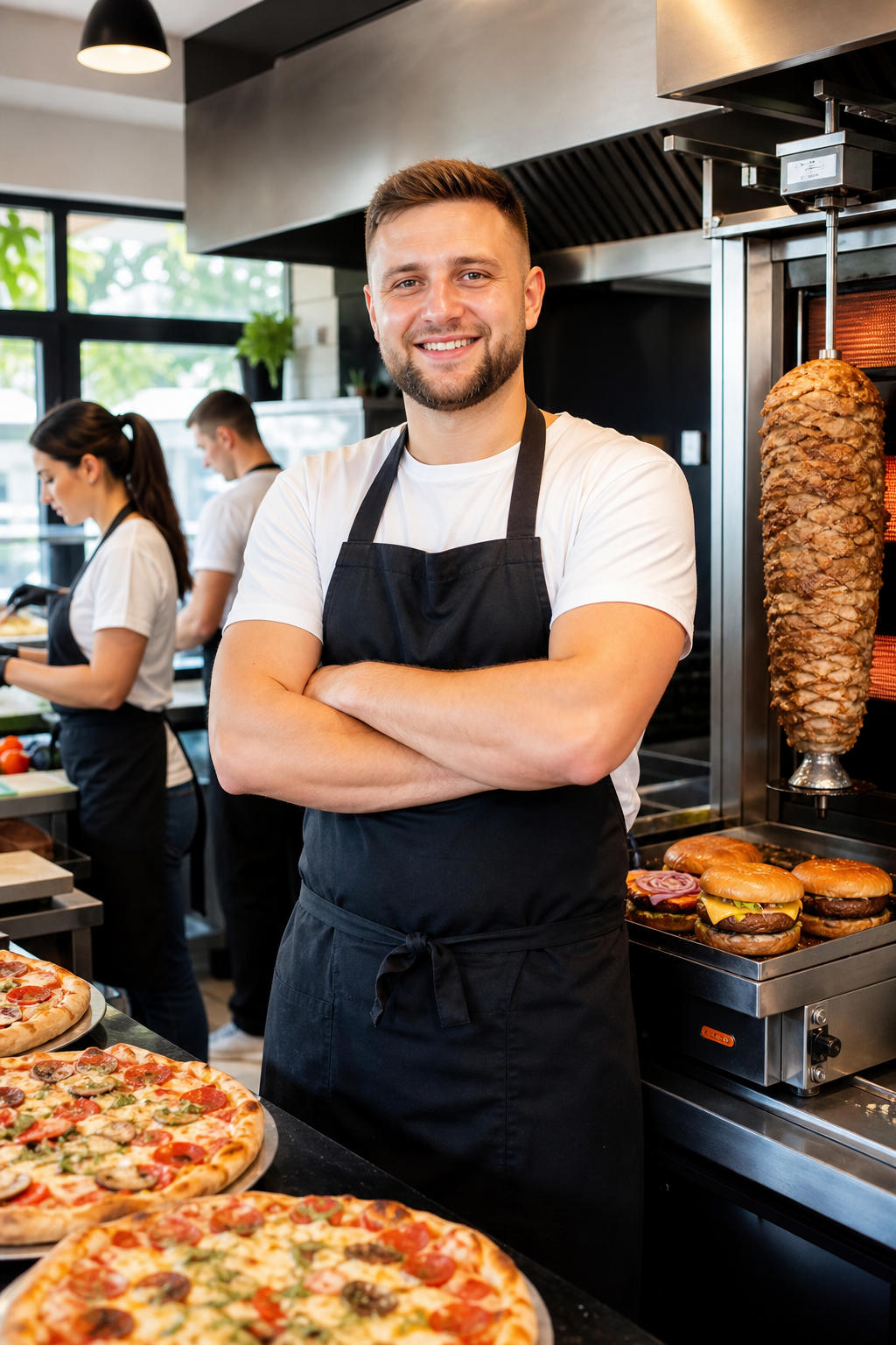 Pewny siebie właściciel lokalu z pizzą, kebabem i burgerami w swojej kuchni w Płocku.