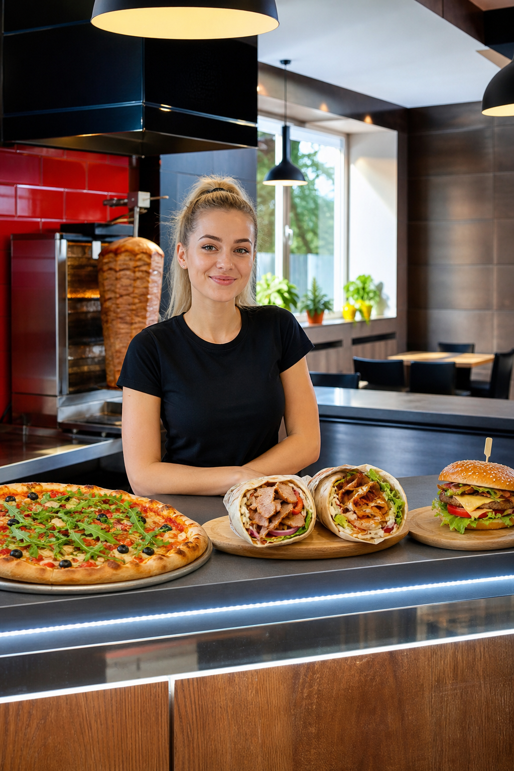 Schludny lokal fast food w Płocku w spokojnym momencie, gotowy na większy ruch.