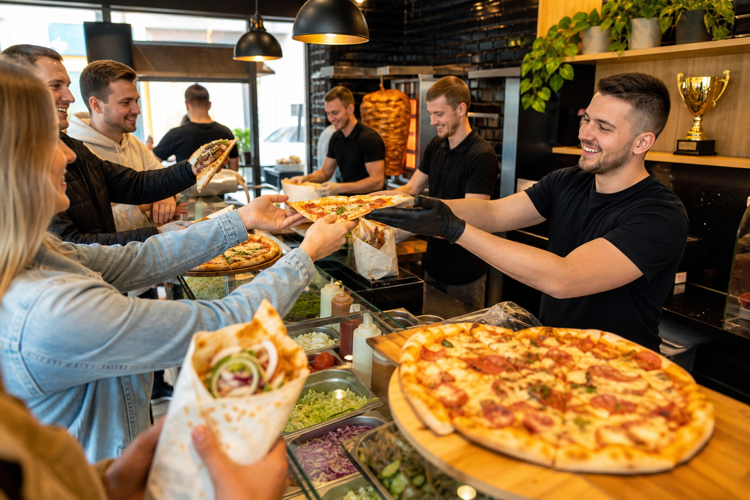 Ruchliwy lokal z pizzą, kebabem i burgerami w Płocku, symbolicznie pokazujący zwycięstwo.
