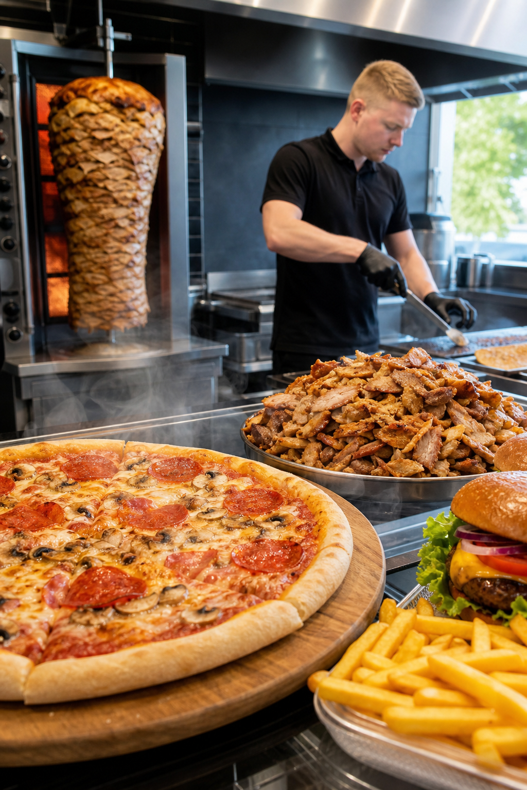 Apetyczna pizza, kebab i burgery w lokalu w Płocku, gotowe przyciągnąć klientów.