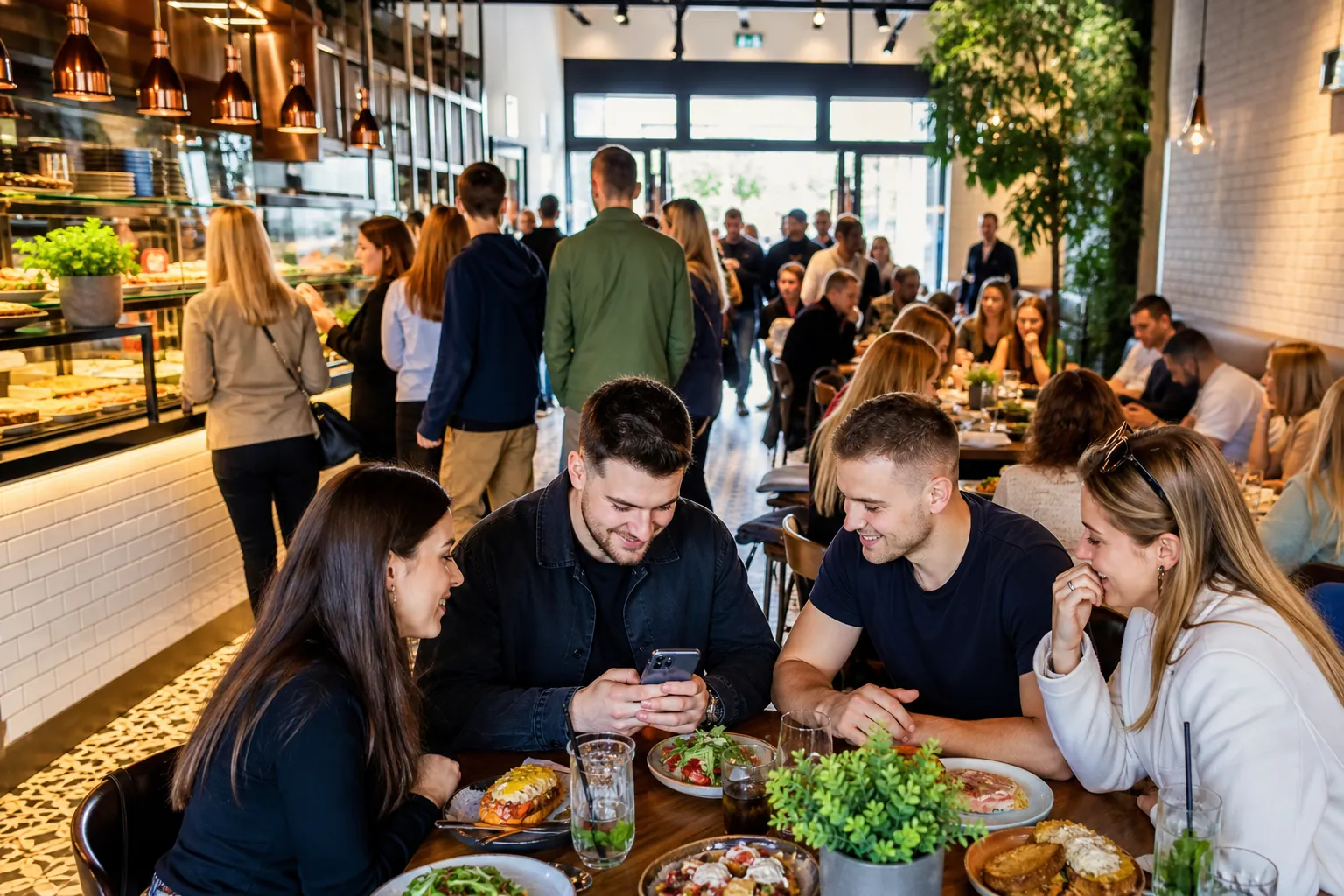 Klienci wybierają restaurację w Kielcach, korzystając z telefonu przy stoliku.