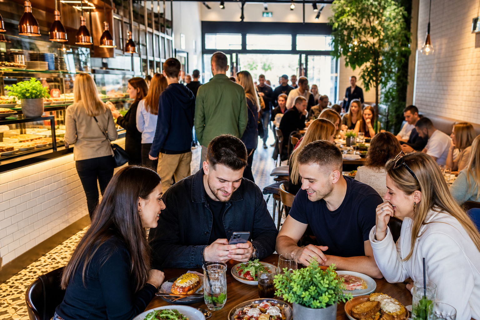 Klienci wybierają restaurację w Kielcach, korzystając z telefonu przy stoliku.