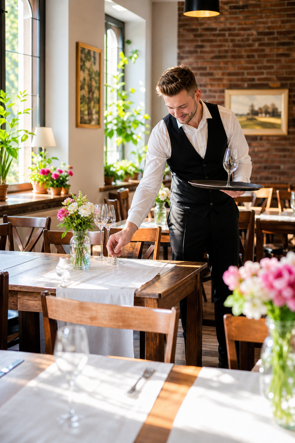 Ładna restauracja w Kielcach w spokojnym momencie z gotowymi stolikami.