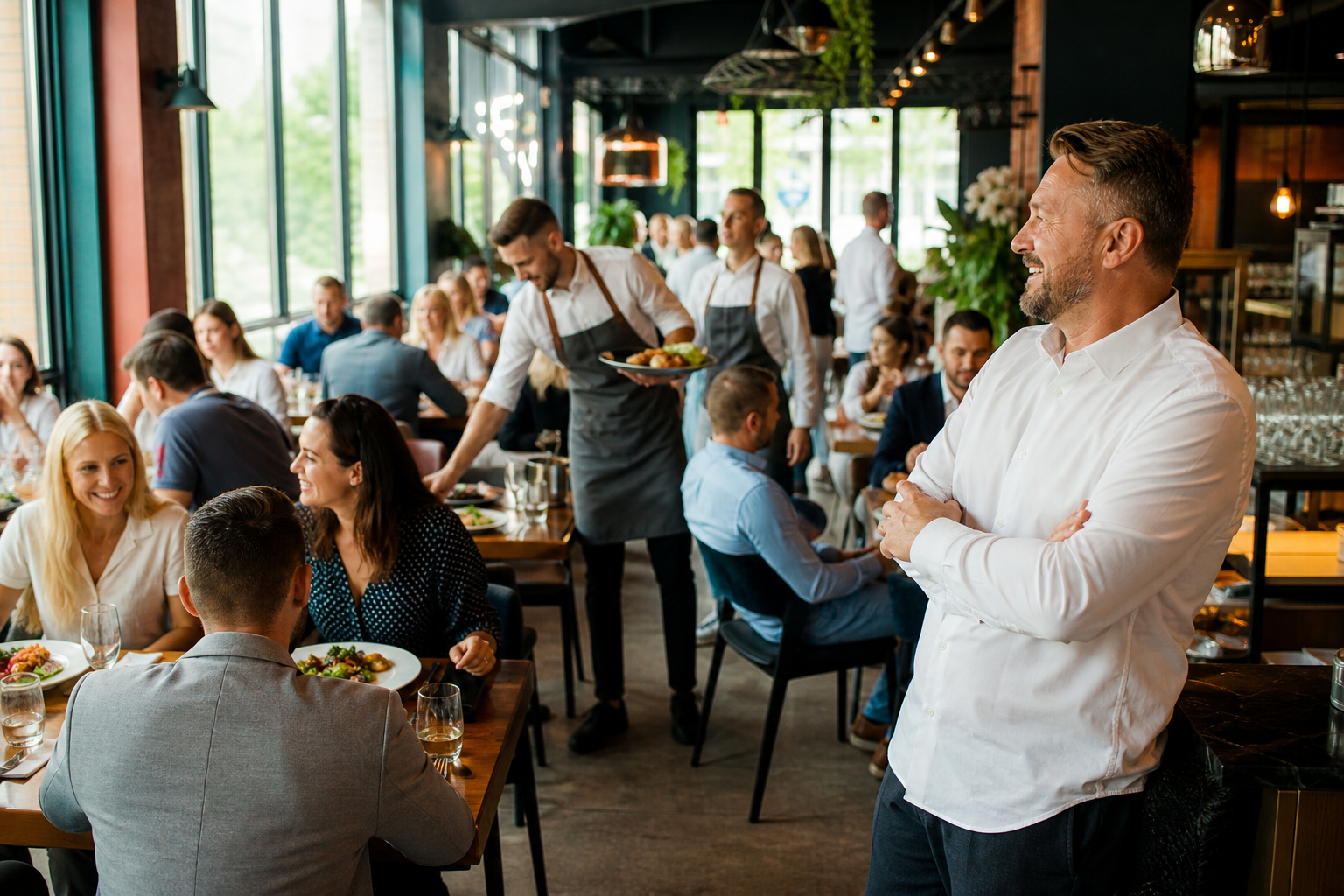 Wzrost restauracji w Kielcach pokazany przez więcej gości i ruch w sali.