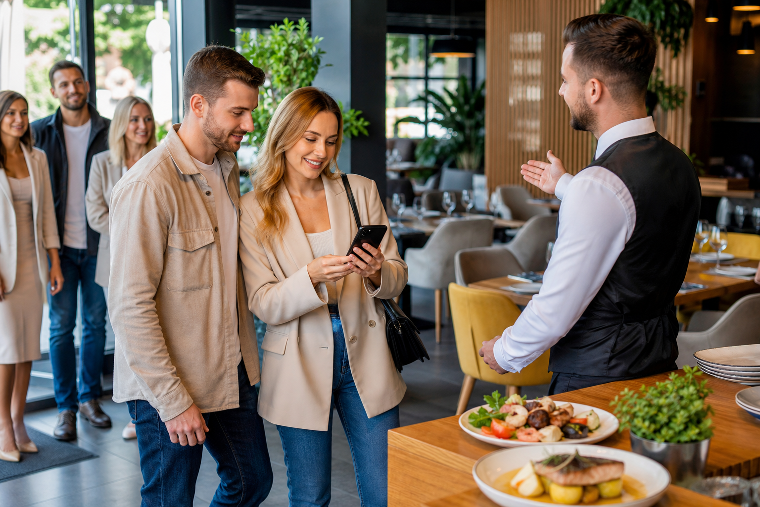 Klienci wybierają restaurację w Sosnowcu, sprawdzając telefon przy wejściu.