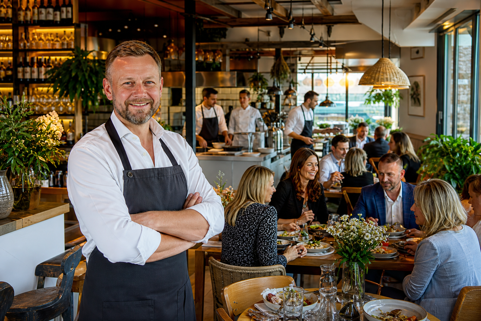 Dumny właściciel w pełnej restauracji świętuje sukces lokalu.
