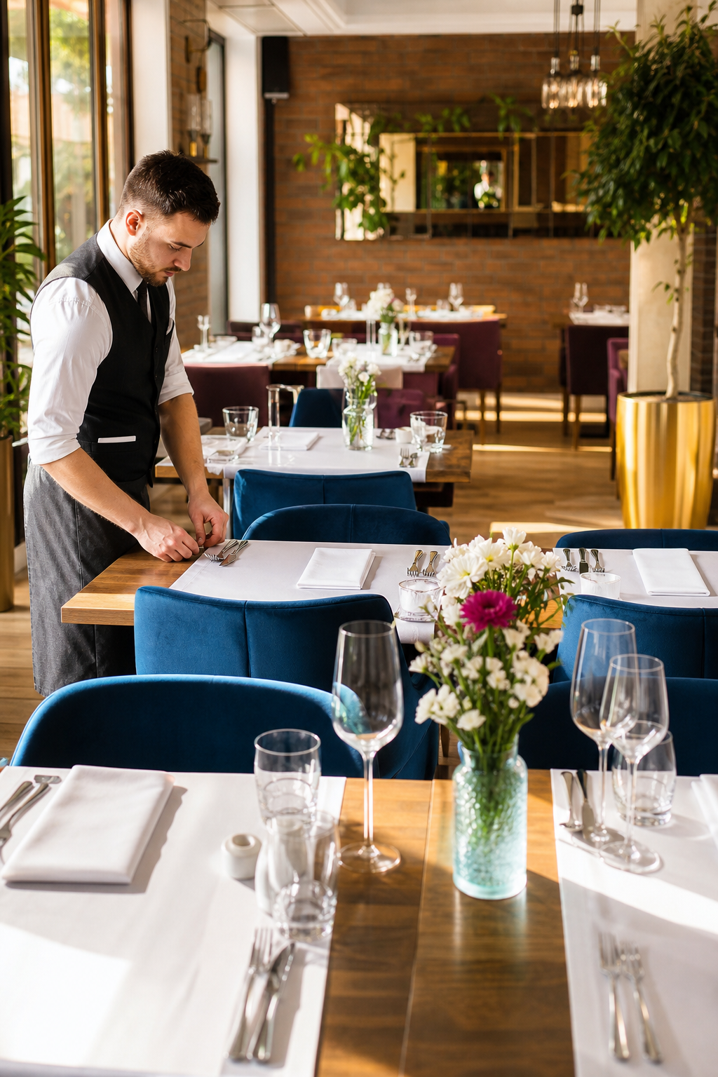 Ładna restauracja w spokojnym momencie, gotowa na większy ruch.
