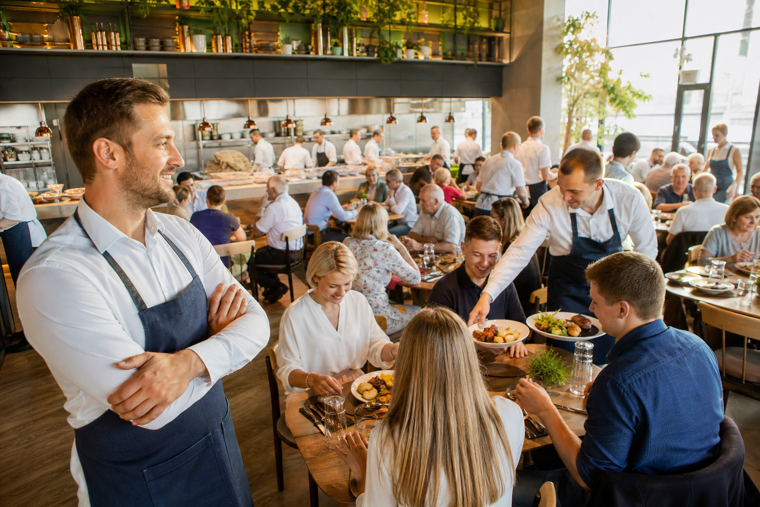 Rosnący ruch w restauracji, zadowolony właściciel i wielu gości.
