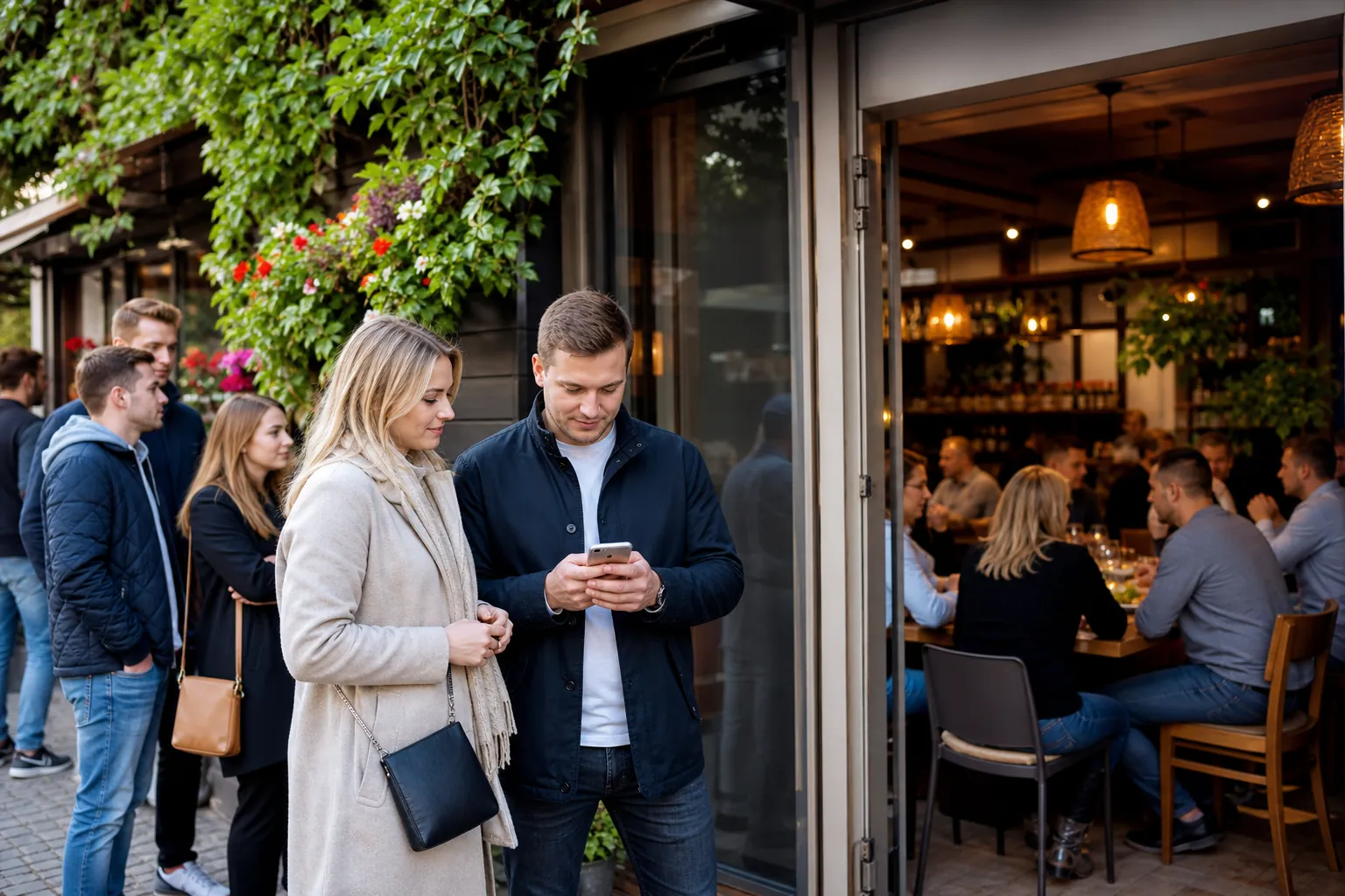 Klienci wybierają popularną restaurację w Sosnowcu, sprawdzając rezerwację w telefonie.