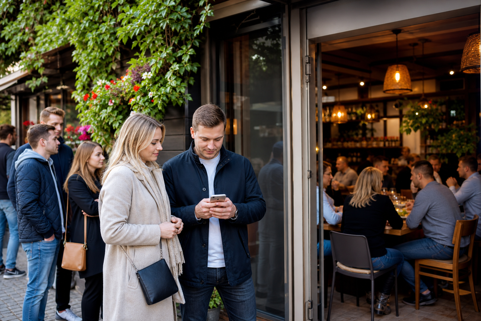 Klienci wybierają popularną restaurację w Sosnowcu, sprawdzając rezerwację w telefonie.