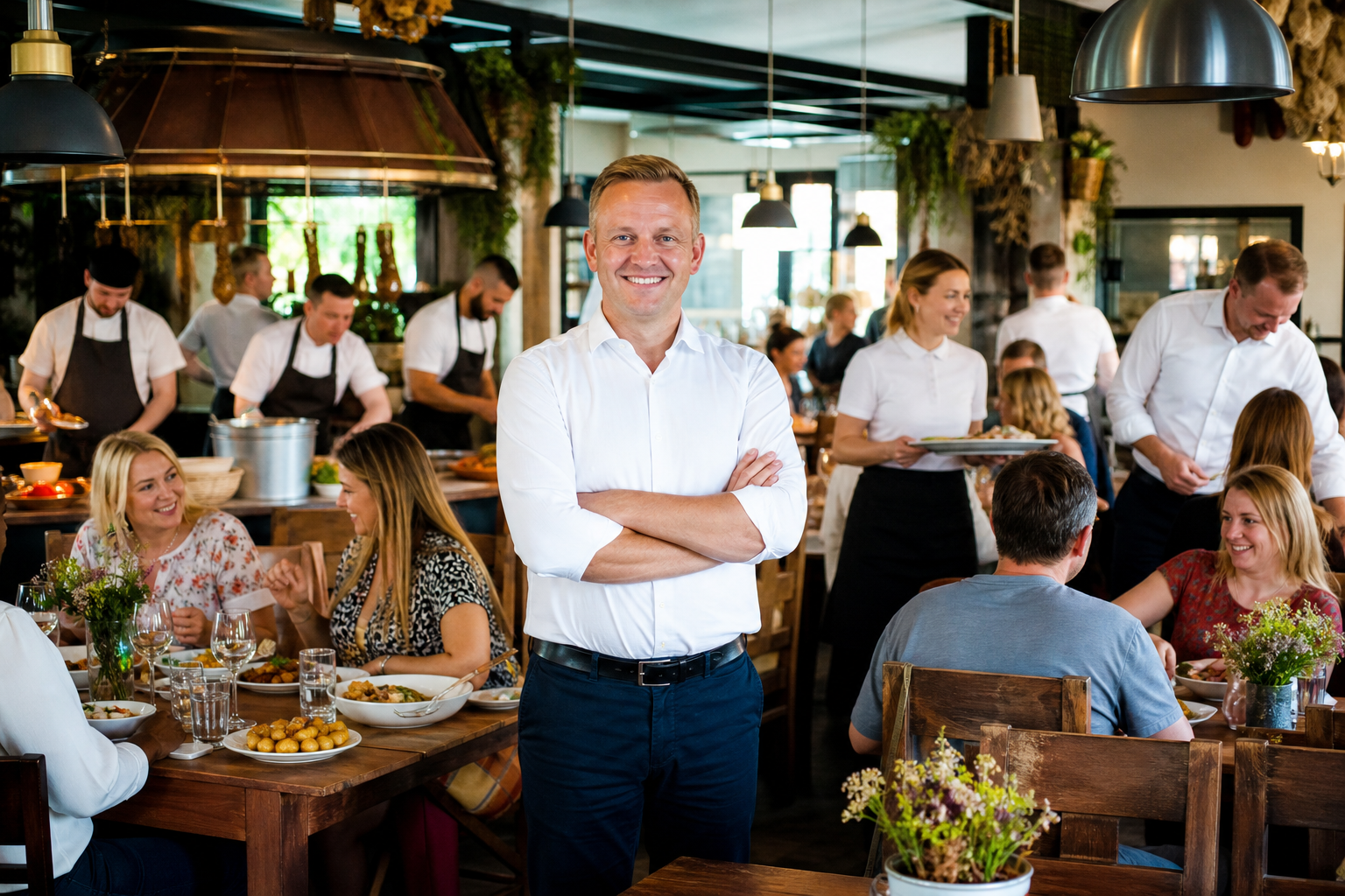Dumny właściciel w pełnej restauracji, symbol sukcesu lokalu w Sosnowcu.