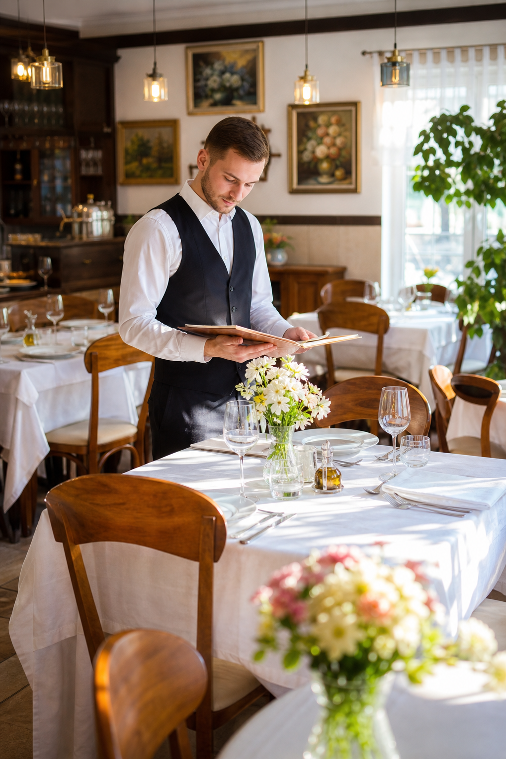 Schludna restauracja w spokojnym momencie, gotowa na większy ruch gości.