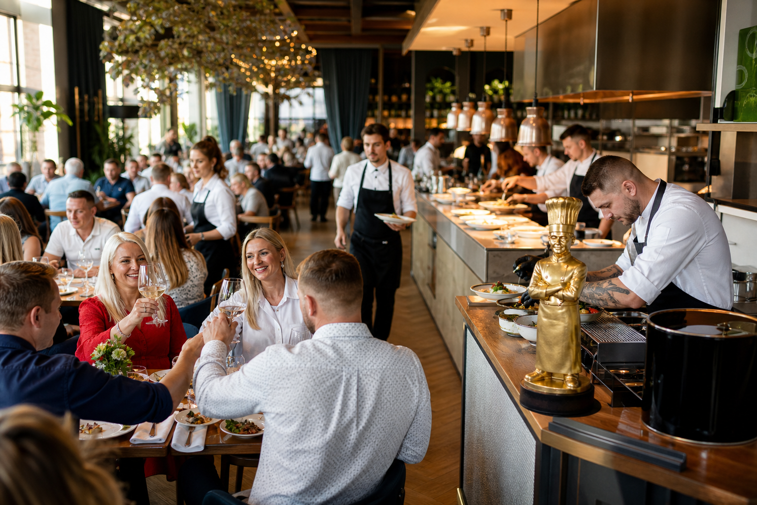 Tętniąca ruchem restauracja z symbolem zwycięstwa i zadowolonymi gośćmi.