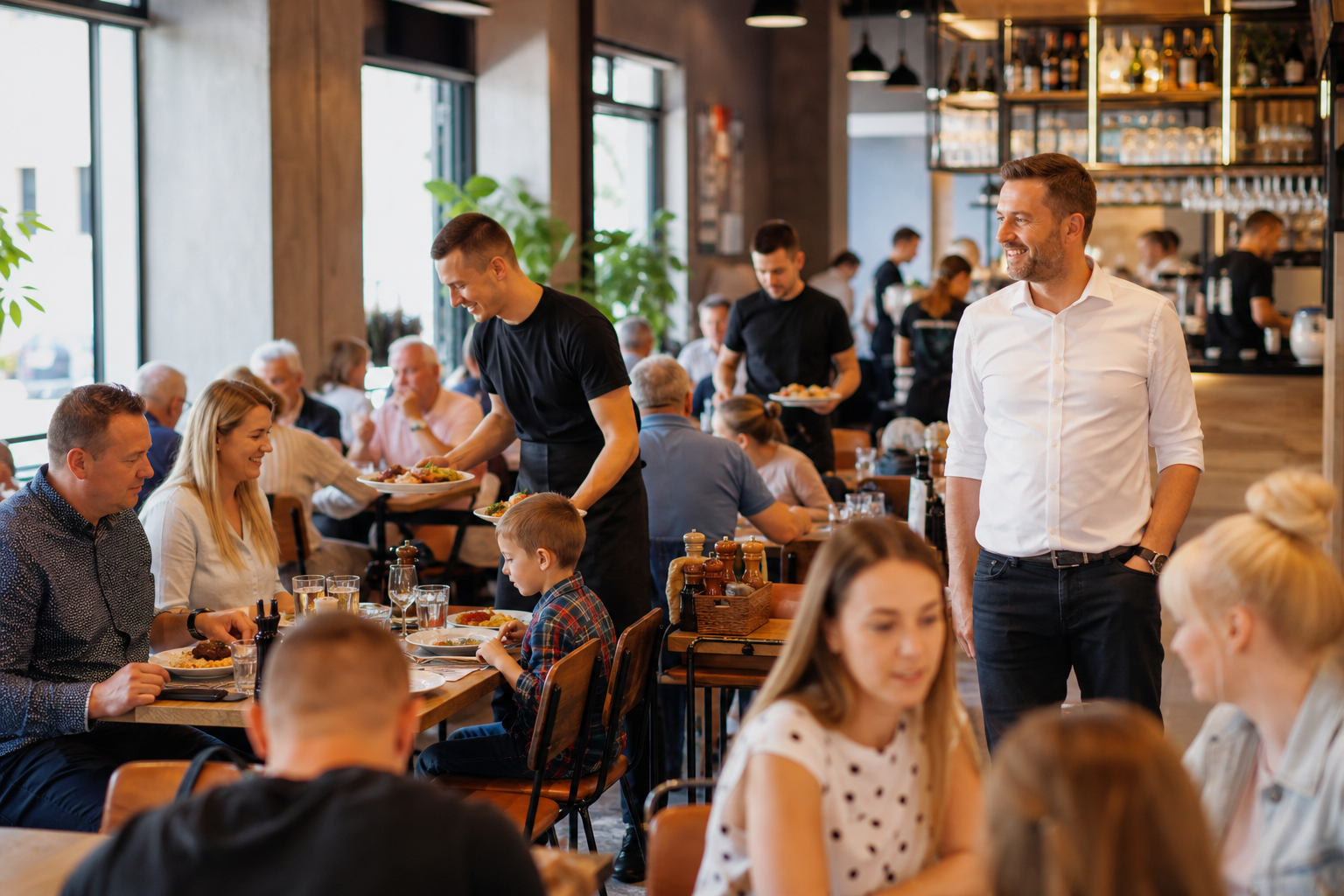 Rozwój restauracji widoczny w pełnej sali, ruchu kelnerów i uśmiechu właściciela.