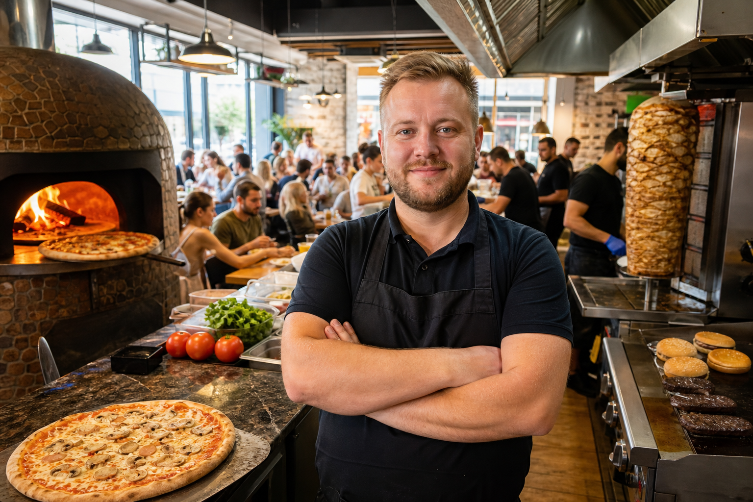 Dumny właściciel w pełnym, odnoszącym sukces lokalu fast food.