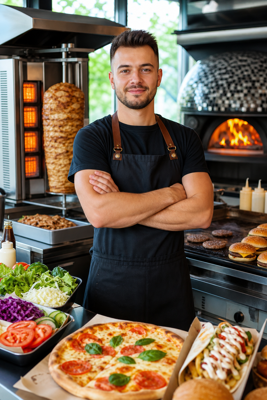 Właściciel lokalu fast food pozuje przy piecu, kebabie i grillu.