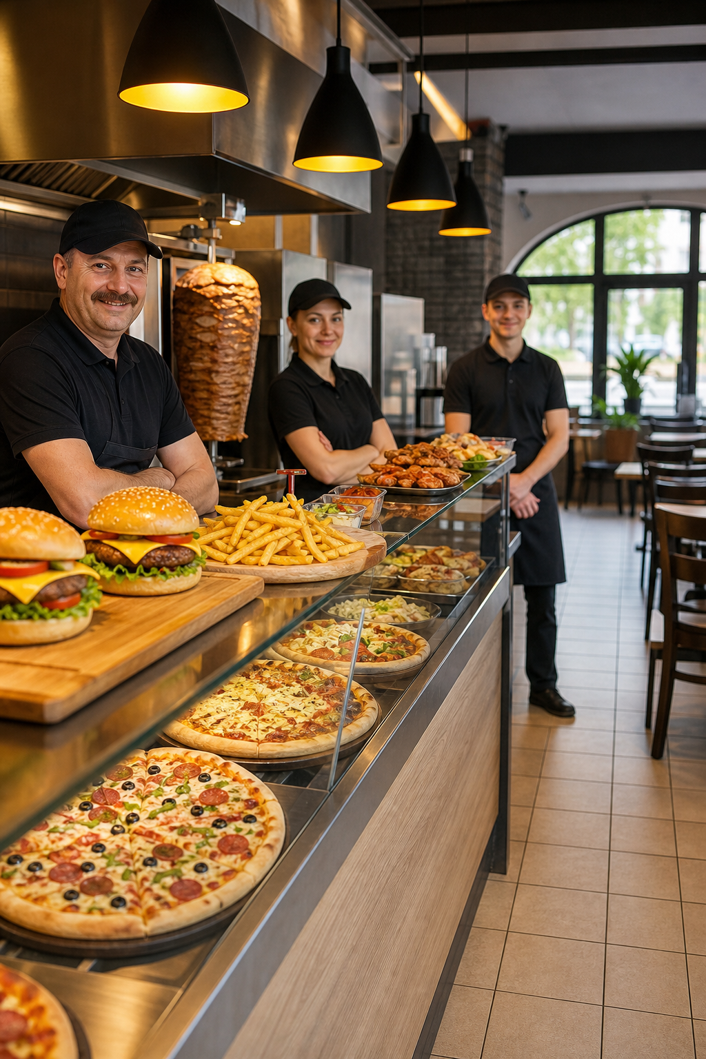 Schludny lokal fast food w spokojnym momencie, gotowy na klientów.