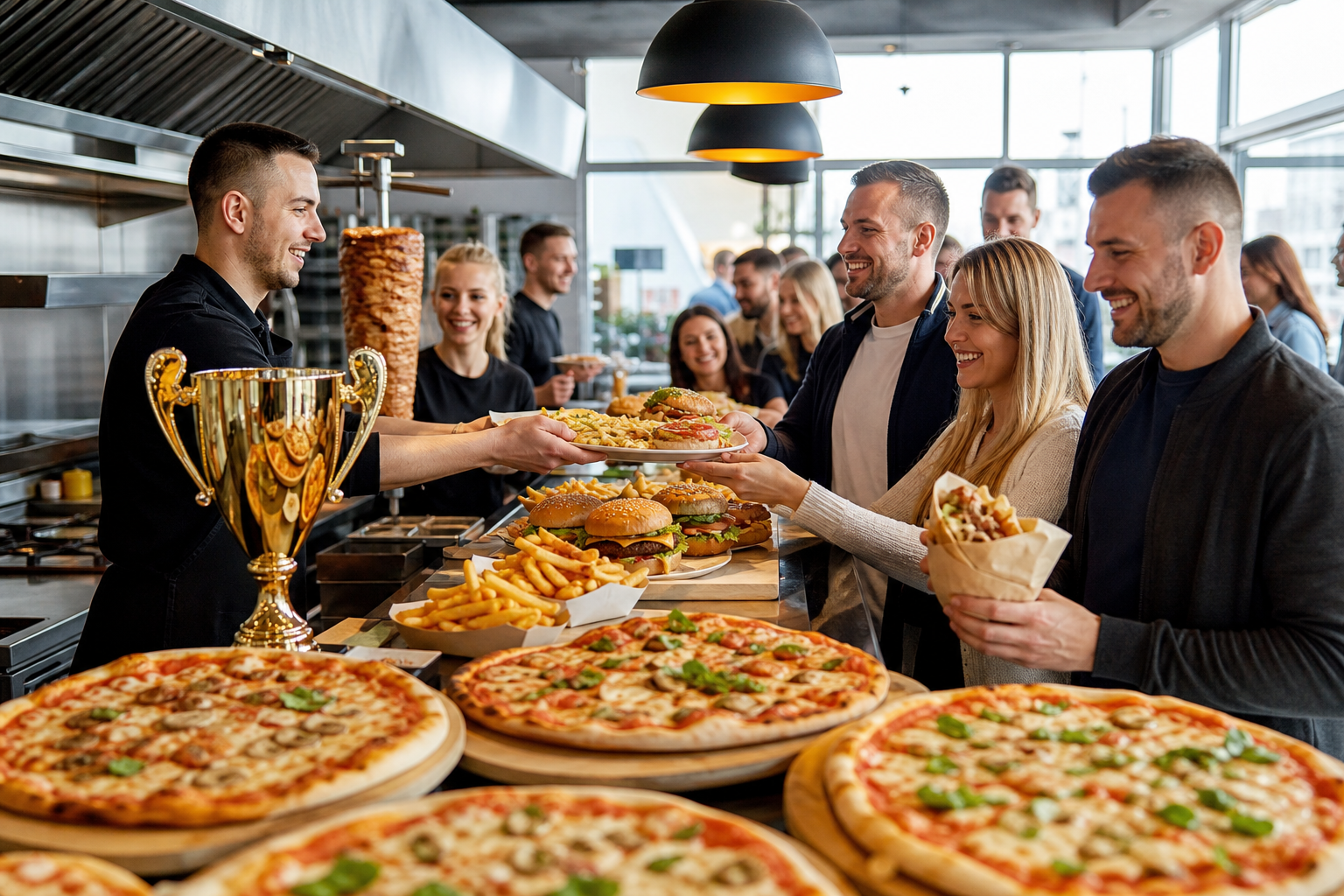 Ruchliwy lokal fast food z trofeum symbolizującym wysoką pozycję.