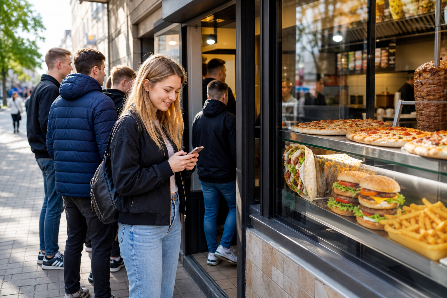 Klientka sprawdza telefon przed popularnym lokalem z pizzą, kebabem i burgerami.