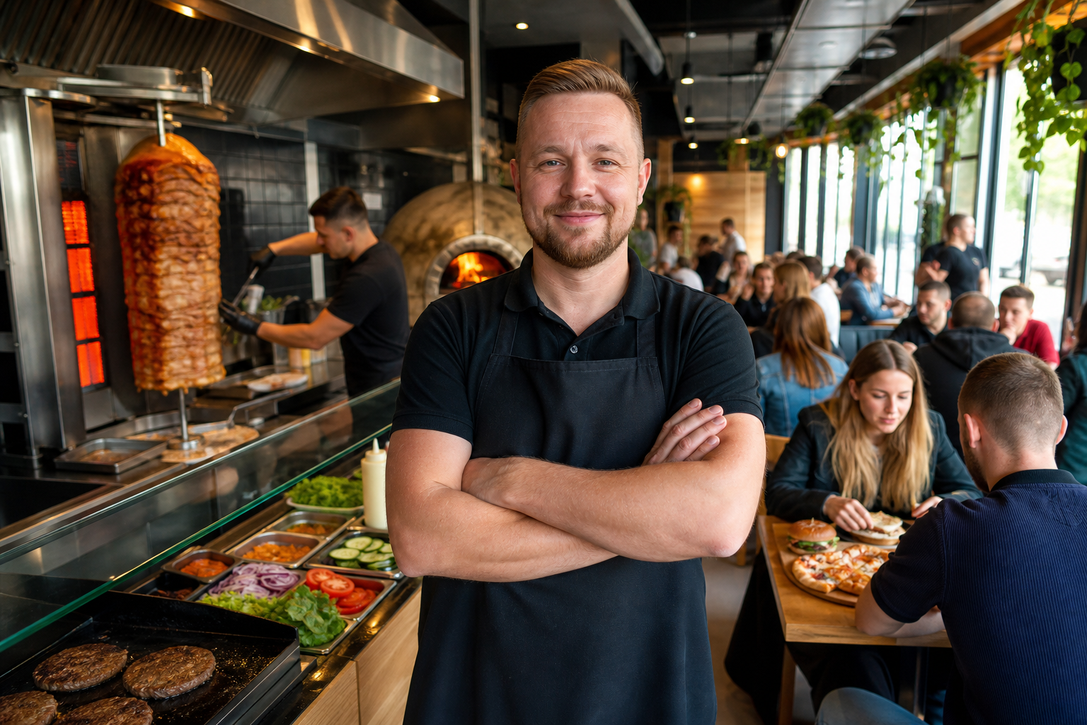 Dumny właściciel w pełnym gości lokalu z pizzą, kebabem i burgerami w Białymstoku.