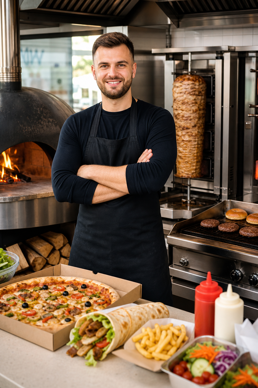 Pewny siebie właściciel lokalu z pizzą, kebabem i burgerami w swojej kuchni.