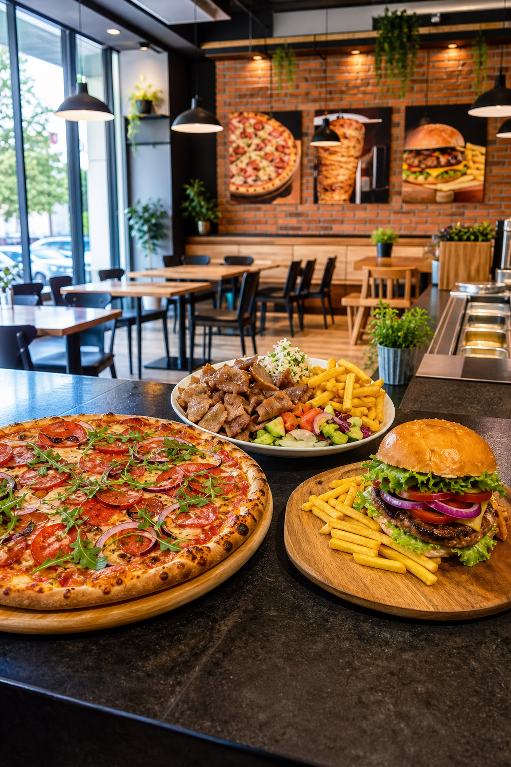 Schludny lokal z pizzą, kebabem i burgerami w spokojnym momencie, gotowy na gości.