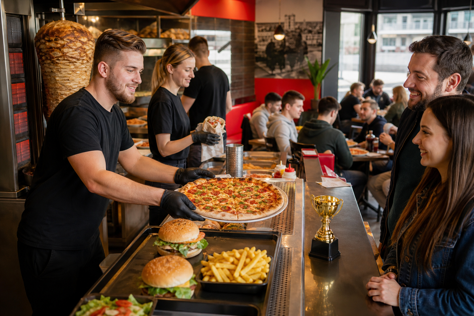 Ruchliwy lokal fast food z trofeum, pizzą, kebabem i burgerami jako symbol wygranej.