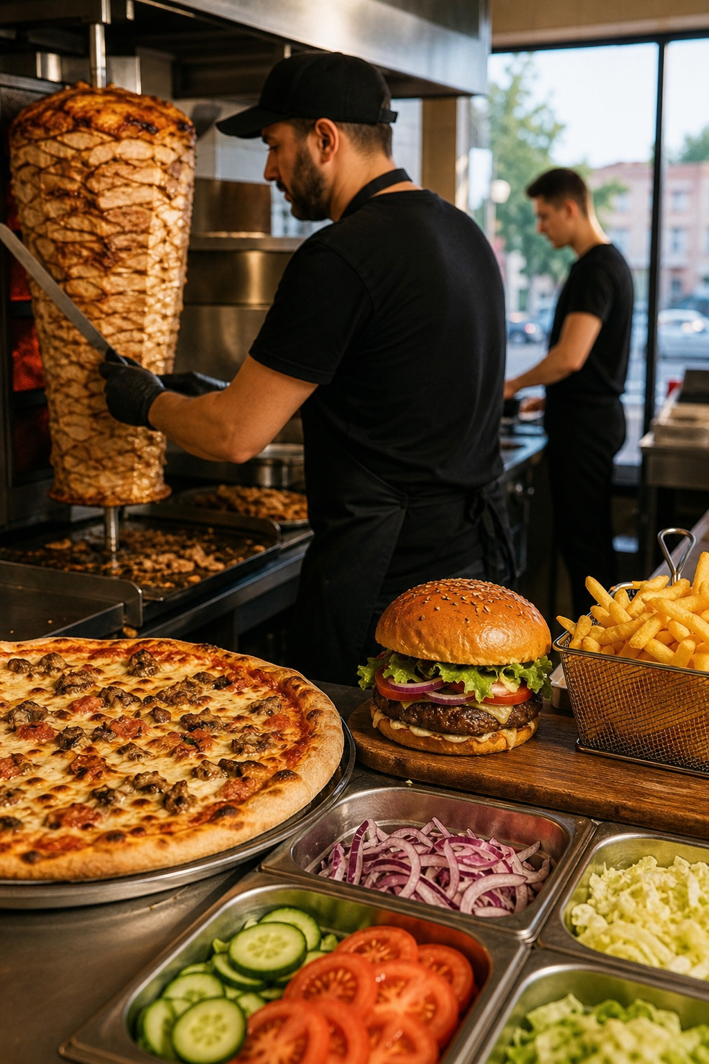 Gotowe dania fast food: pizza, kebab, burger i frytki czekają, by przyciągnąć klientów.