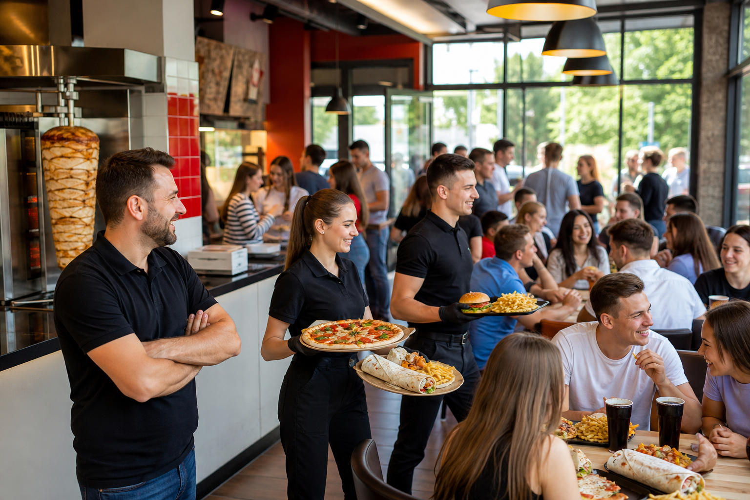Wzrost ruchu w lokalu z pizzą, kebabem i burgerami, zadowolony właściciel obserwuje salę.