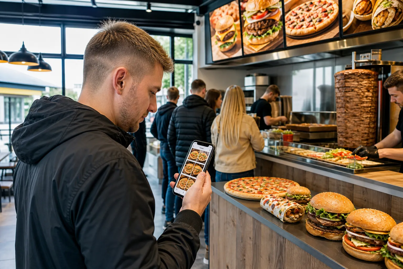 Klient wybiera lokal fast food w telefonie, obok kolejka do pizzy, kebaba i burgerów.