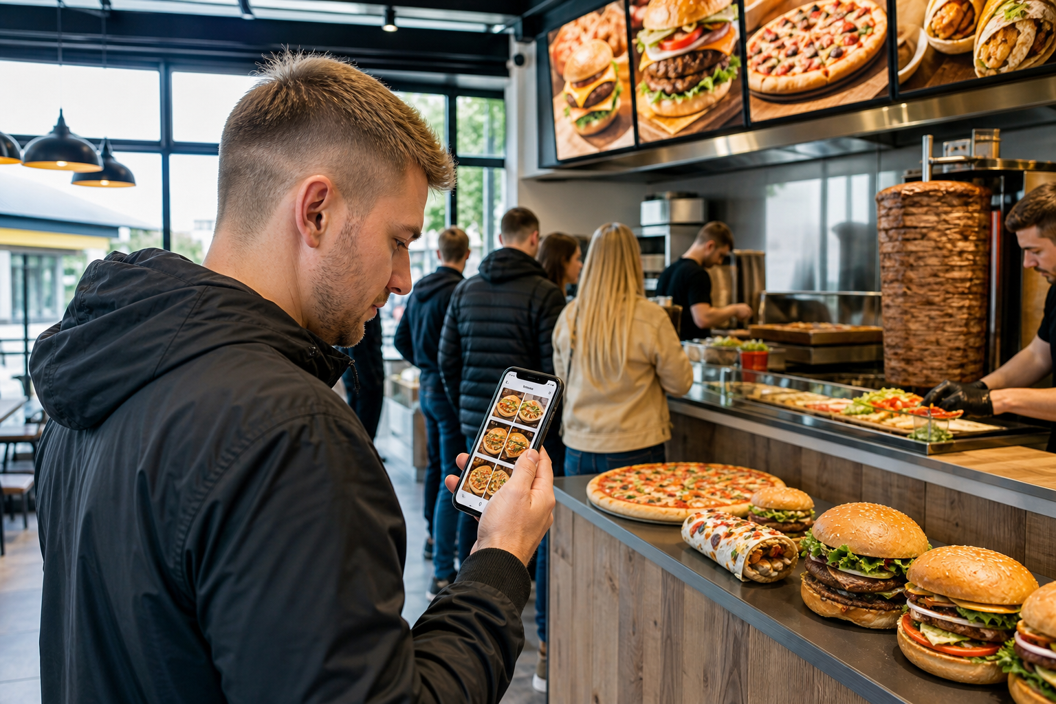 Klient wybiera lokal fast food w telefonie, obok kolejka do pizzy, kebaba i burgerów.
