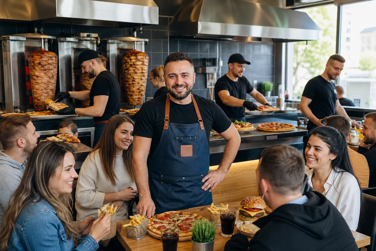 Dumny właściciel w pełnym lokalu fast food z pizzą, kebabami i burgerami.