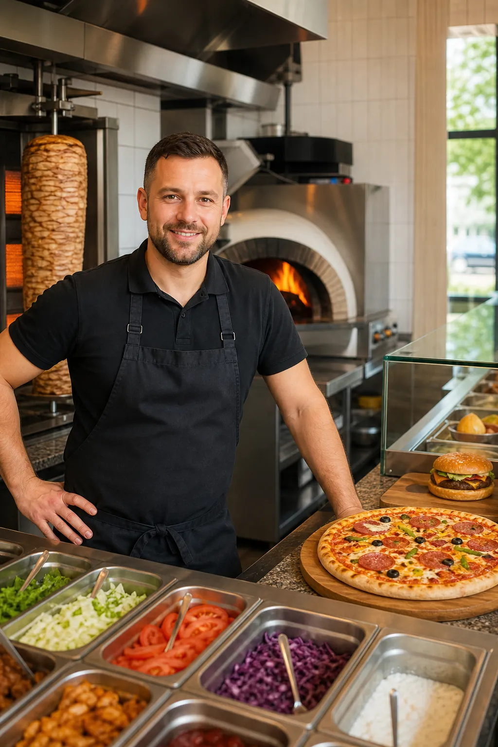 Pewny siebie właściciel lokalu z pizzą, kebabem i burgerami w kuchni.