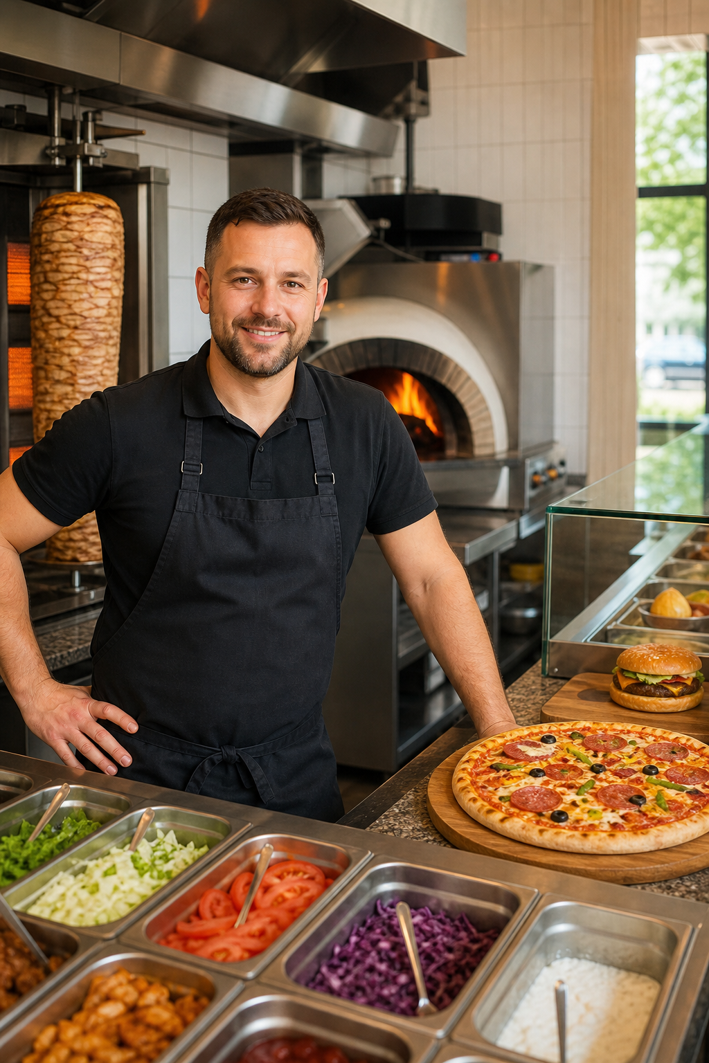 Pewny siebie właściciel lokalu z pizzą, kebabem i burgerami w kuchni.