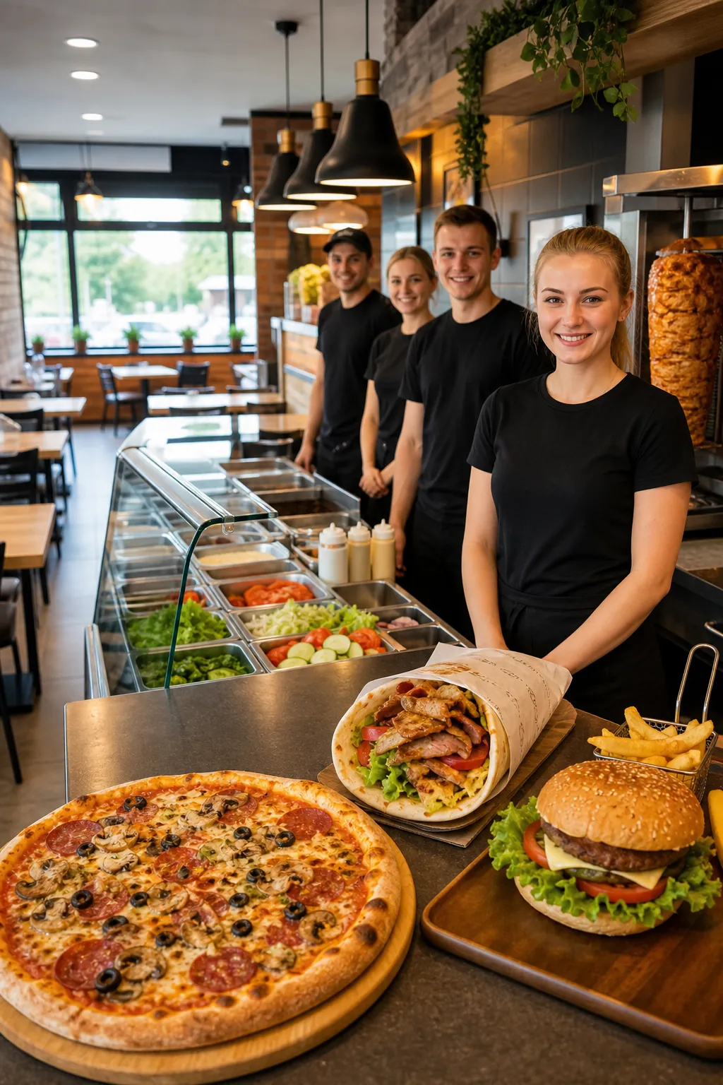 Schludny lokal fast food w spokojnej chwili, gotowy na większy ruch klientów.