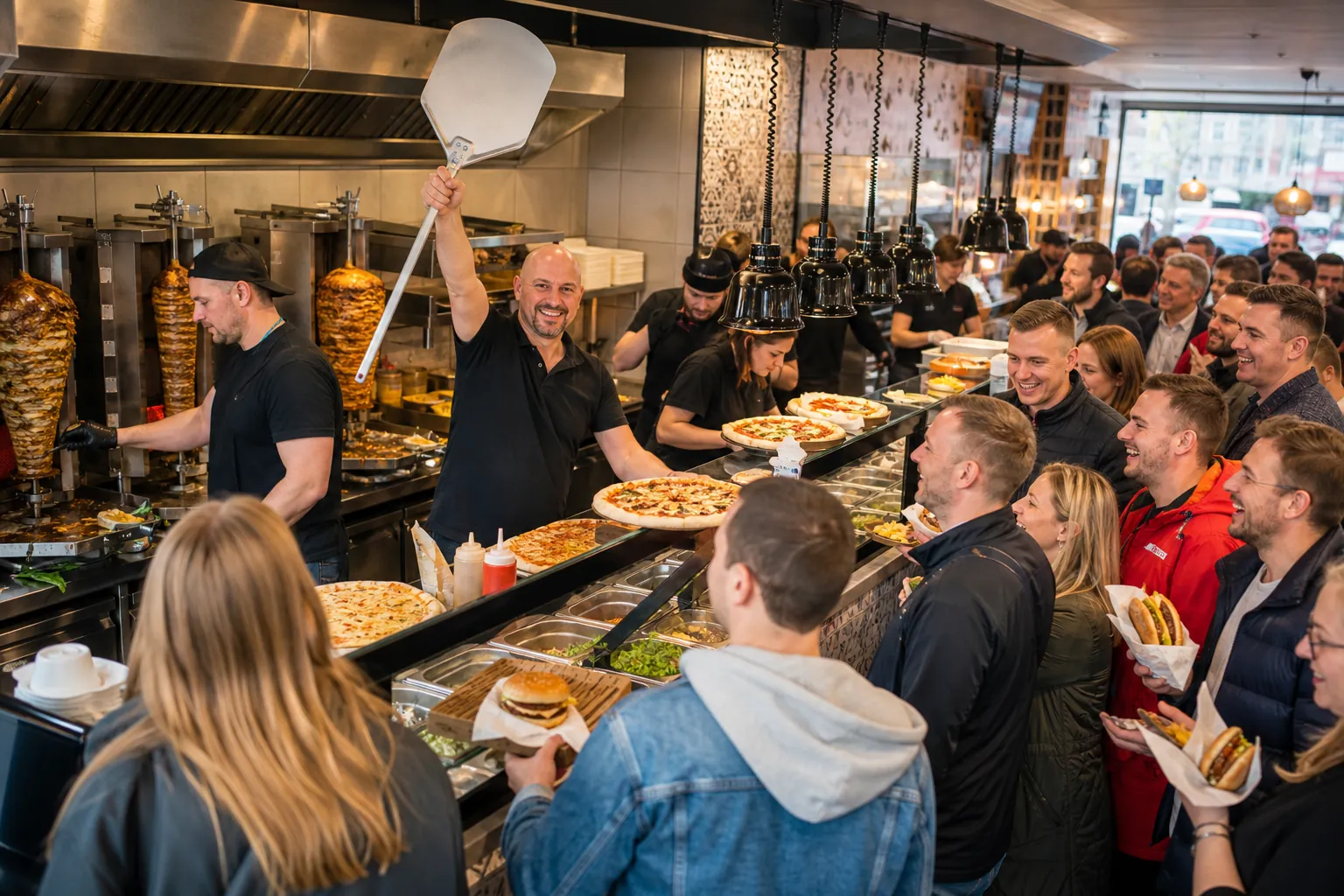 Tętniący ruchem lokal fast food z symbolem zwycięstwa i zadowolonymi klientami.