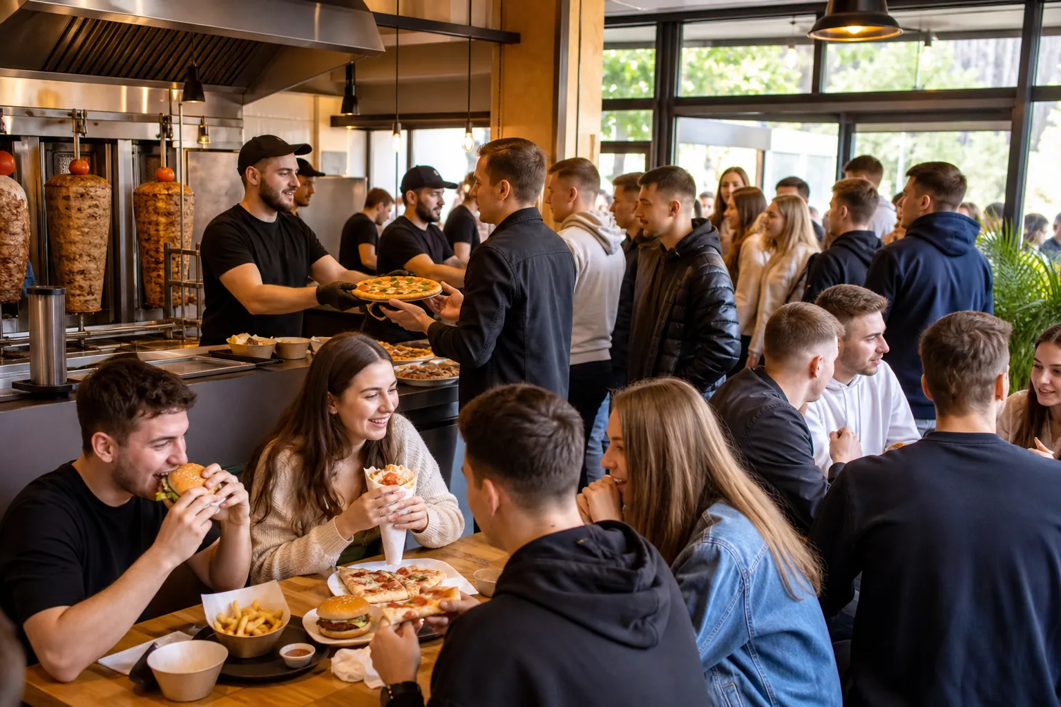 Rosnący ruch w lokalu z pizzą, kebabem i burgerami oraz zadowolony właściciel.