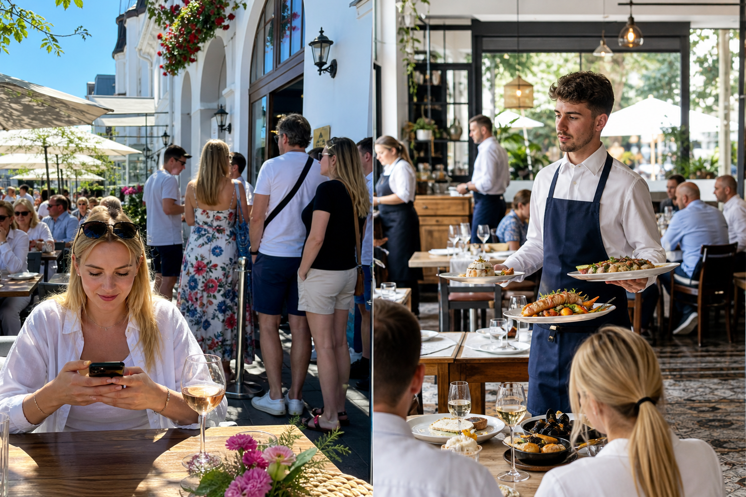 Klient wybiera sopocką restaurację na telefonie, przy tarasie czeka kolejka.