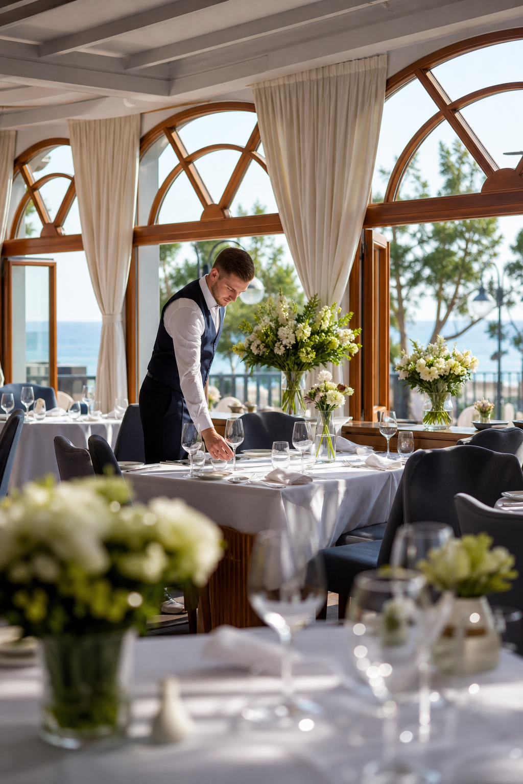 Schludna restauracja w spokojnej chwili, gotowe stoliki czekają na gości.