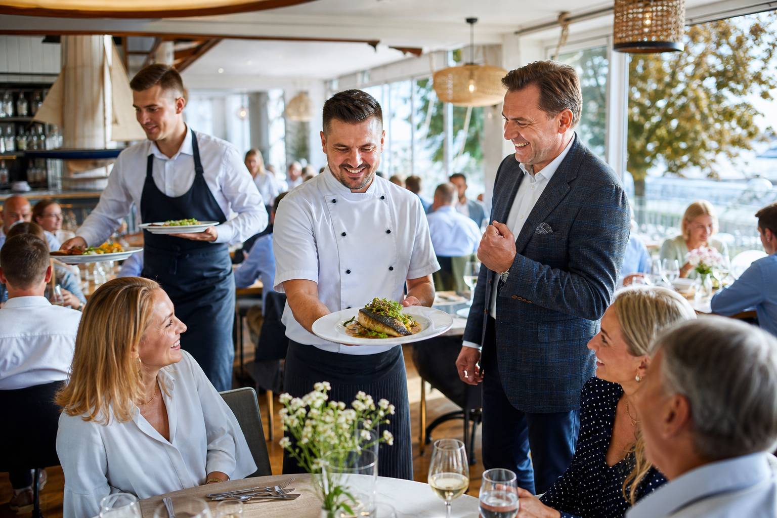 Tętniąca ruchem restauracja w Sopocie, pełne stoliki i danie pokazowe.